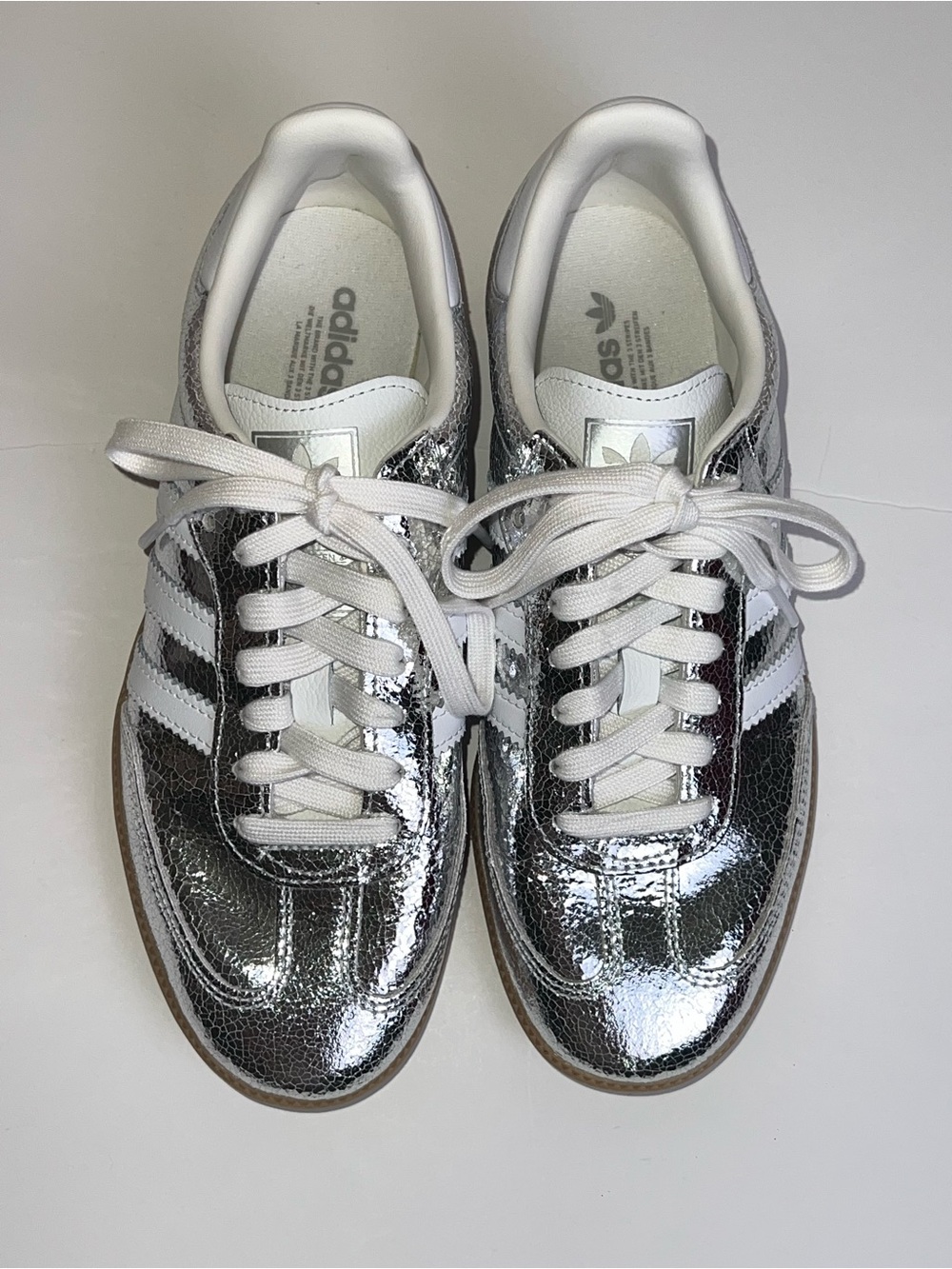 NWOT ADIDAS Samba Sneakers Featuring Silver Cracked Metallic Leather Upper - Picture 5 of 13